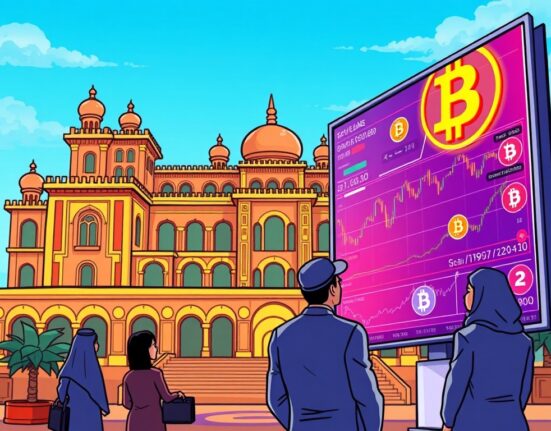 A cartoon illustration showing an Abu Dhabi building with digital elements, symbolizing the sovereign wealth fund's significant Abu Dhabi Bitcoin ETF investment.
