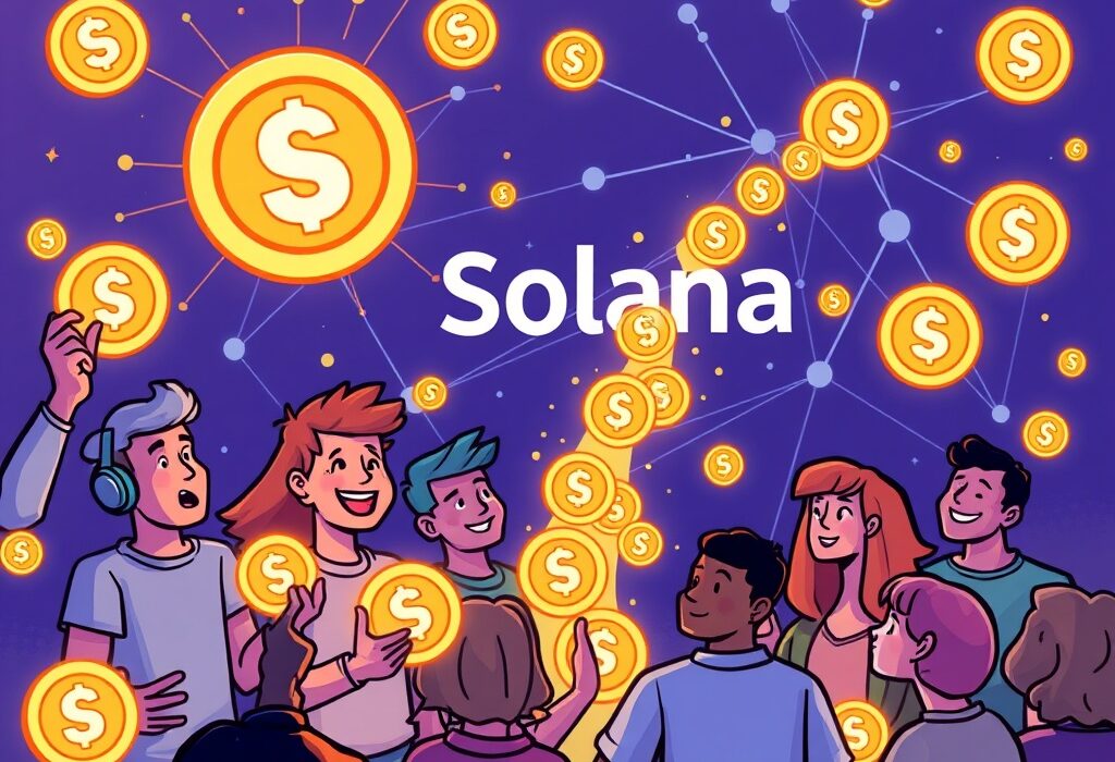 A cartoon illustration showing content creators interacting with glowing creator coins on the Solana blockchain, symbolizing new monetization opportunities for creators.