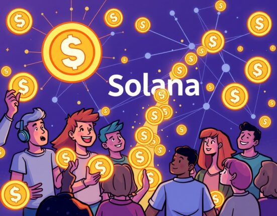 A cartoon illustration showing content creators interacting with glowing creator coins on the Solana blockchain, symbolizing new monetization opportunities for creators.