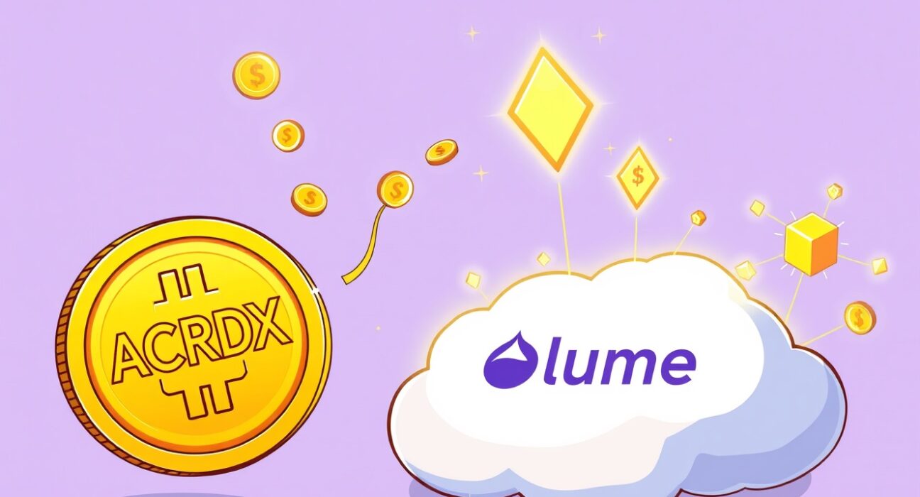 Cartoon showing a substantial ACRDX investment flowing into Plume, boosting its on-chain credit capabilities.