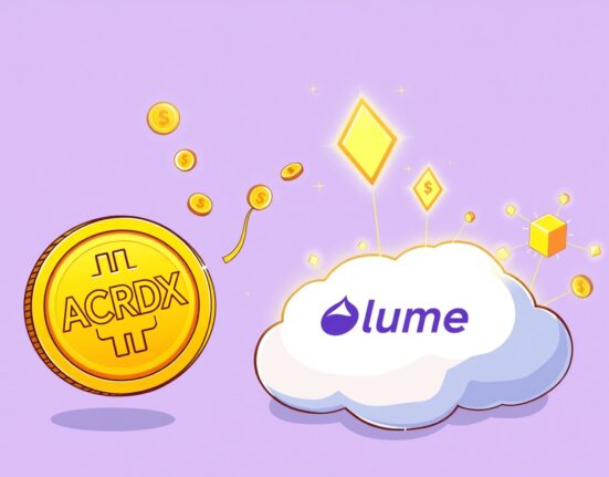 Cartoon showing a substantial ACRDX investment flowing into Plume, boosting its on-chain credit capabilities.