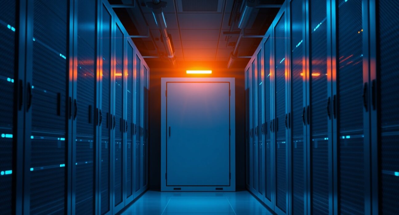Data center interior with servers and a subtle amber warning light indicating a contained security incident