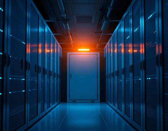 Data center interior with servers and a subtle amber warning light indicating a contained security incident