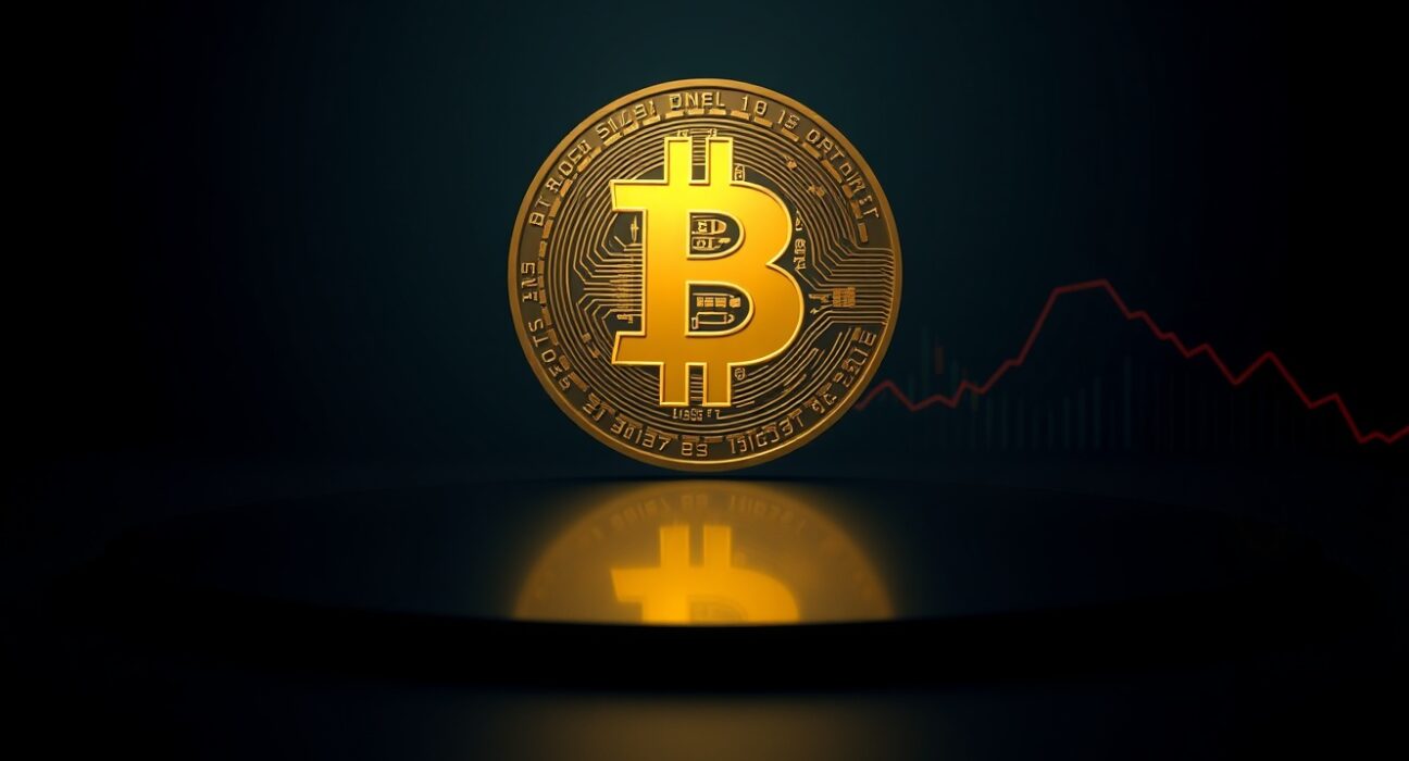 Bitcoin coin on a dark digital background with a red downward chart line, representing unrealized losses for active investors.
