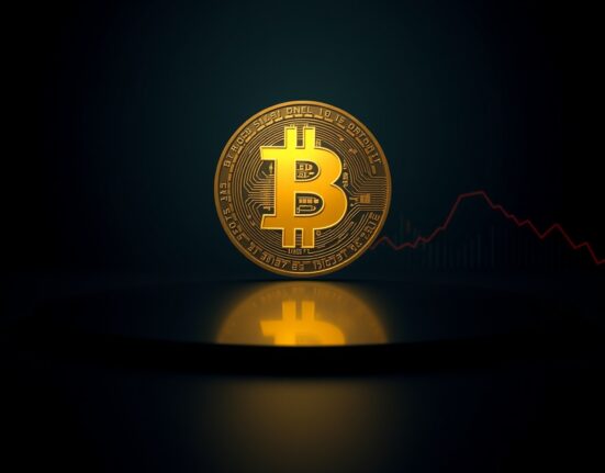 Bitcoin coin on a dark digital background with a red downward chart line, representing unrealized losses for active investors.