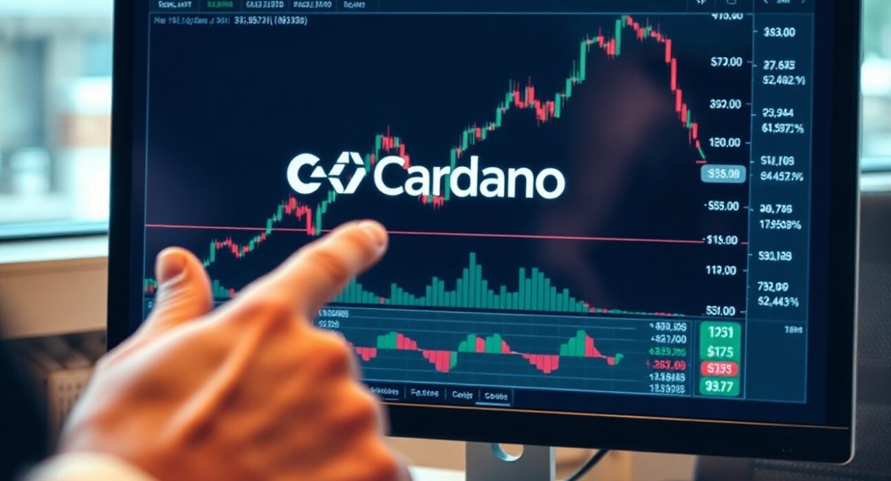 Trader analyzing ADA price chart on monitor with upward trend, indicating ETF eligibility milestone