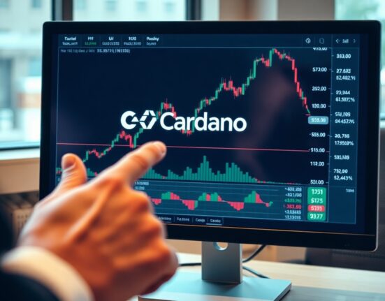 Trader analyzing ADA price chart on monitor with upward trend, indicating ETF eligibility milestone