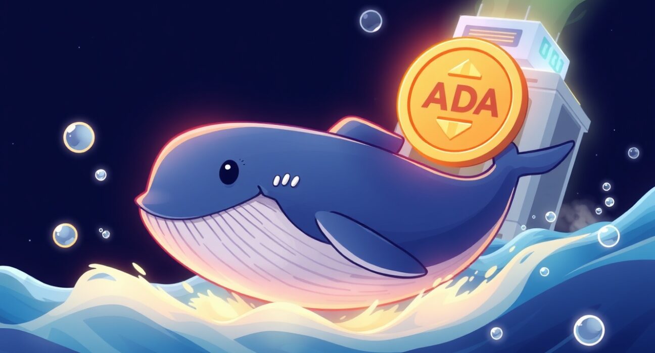 A cartoon whale making a massive ADA transfer to Binance, symbolizing a major cryptocurrency movement.