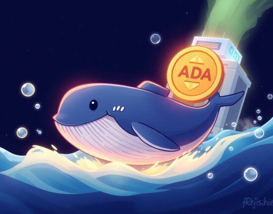 A cartoon whale making a massive ADA transfer to Binance, symbolizing a major cryptocurrency movement.