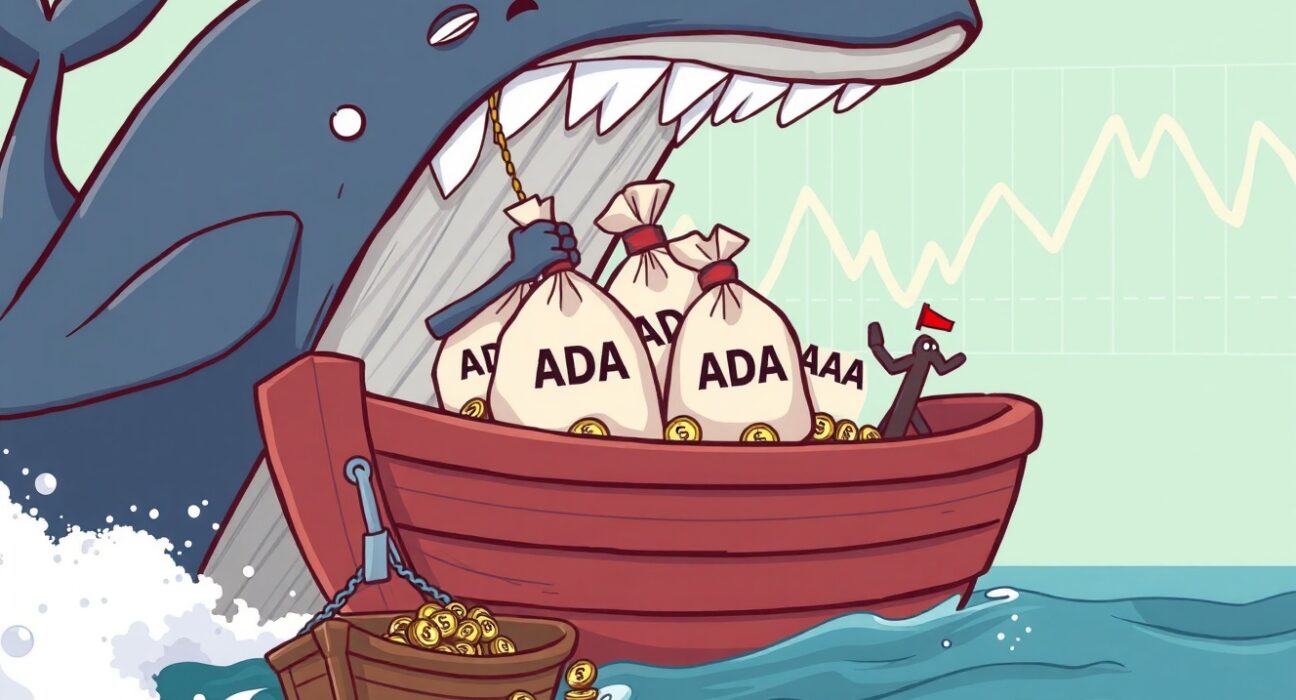 Cartoon whale character discreetly selling ADA, illustrating the recent ADA whale selling activity in the crypto market.