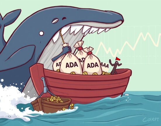 Cartoon whale character discreetly selling ADA, illustrating the recent ADA whale selling activity in the crypto market.