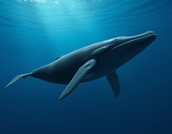 Digital whale representing the surge in large ADA holders accumulating Cardano tokens.