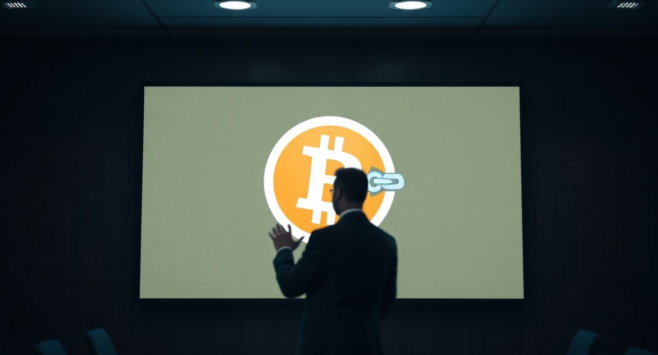 A blurred figure in a suit stands in a dimly lit conference room, gesturing toward a large digital screen displaying a Bitcoin logo and a fractured chain symbolizing a potential fork.