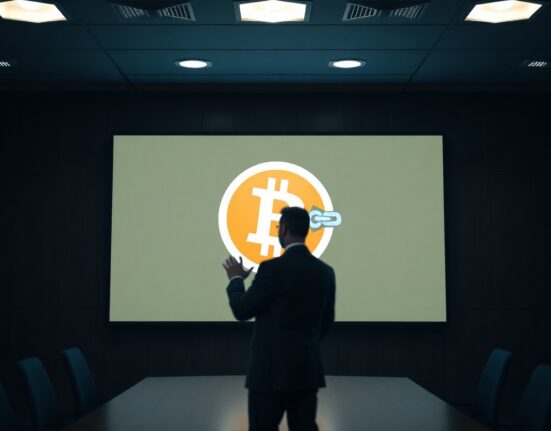 A blurred figure in a suit stands in a dimly lit conference room, gesturing toward a large digital screen displaying a Bitcoin logo and a fractured chain symbolizing a potential fork.