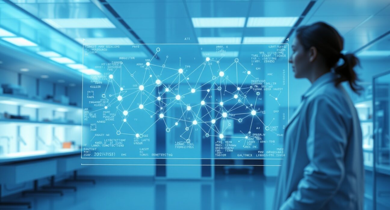 Holographic AI neural network display in a modern research lab, representing Adaption's AutoScientist self-training tool.
