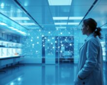 Holographic AI neural network display in a modern research lab, representing Adaption's AutoScientist self-training tool.