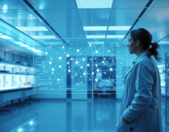 Holographic AI neural network display in a modern research lab, representing Adaption's AutoScientist self-training tool.