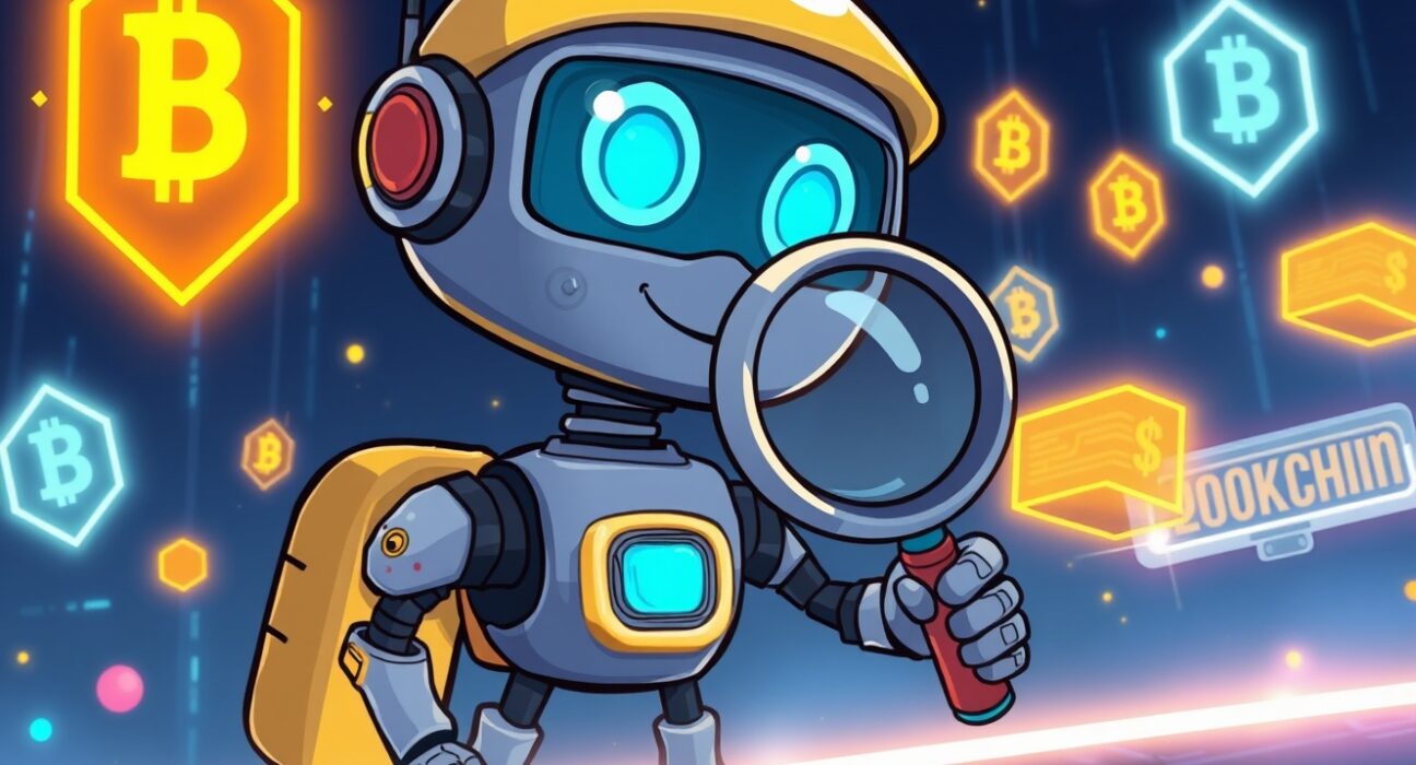 A cartoon explorer robot investigates transparent data streams from the ADEN decentralized exchange.