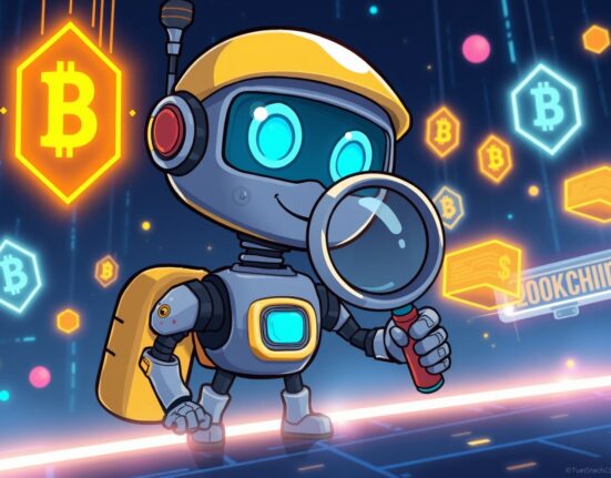 A cartoon explorer robot investigates transparent data streams from the ADEN decentralized exchange.