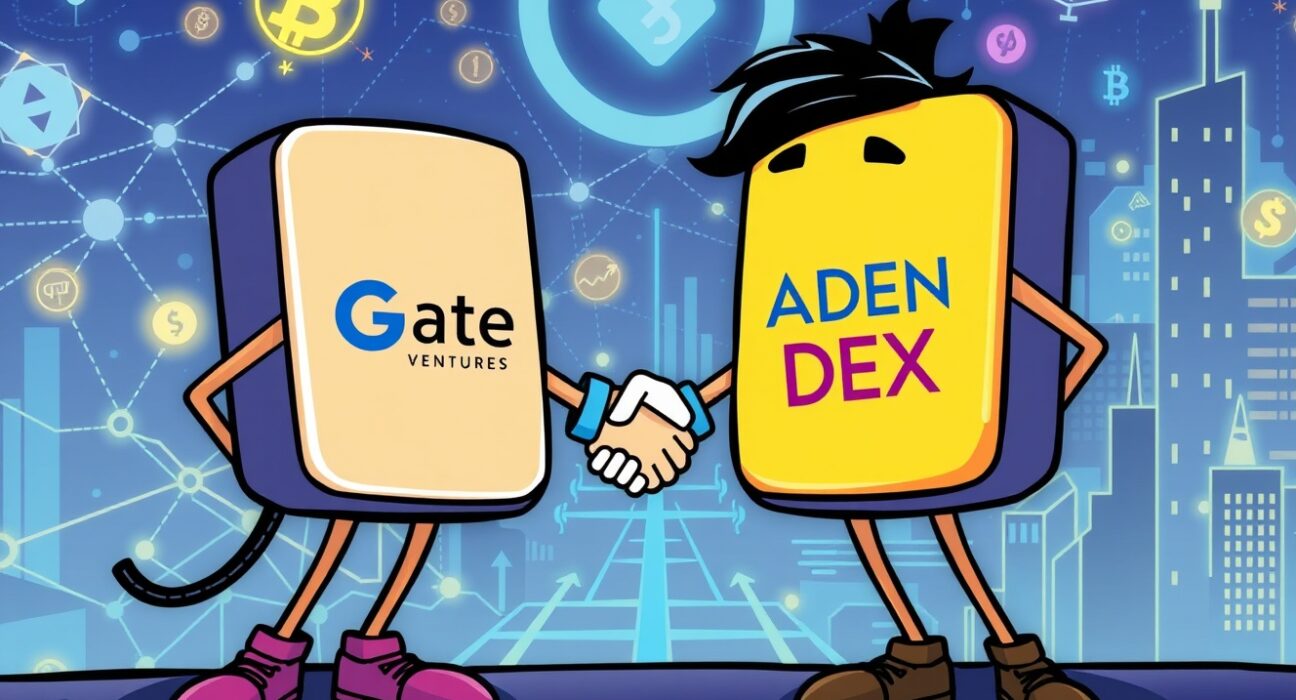 Cartoon illustration symbolizing Gate Ventures' strategic acquisition of ADEN DEX, poised to revolutionize decentralized finance and RWA markets.
