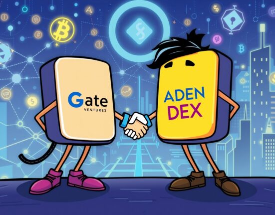 Cartoon illustration symbolizing Gate Ventures' strategic acquisition of ADEN DEX, poised to revolutionize decentralized finance and RWA markets.