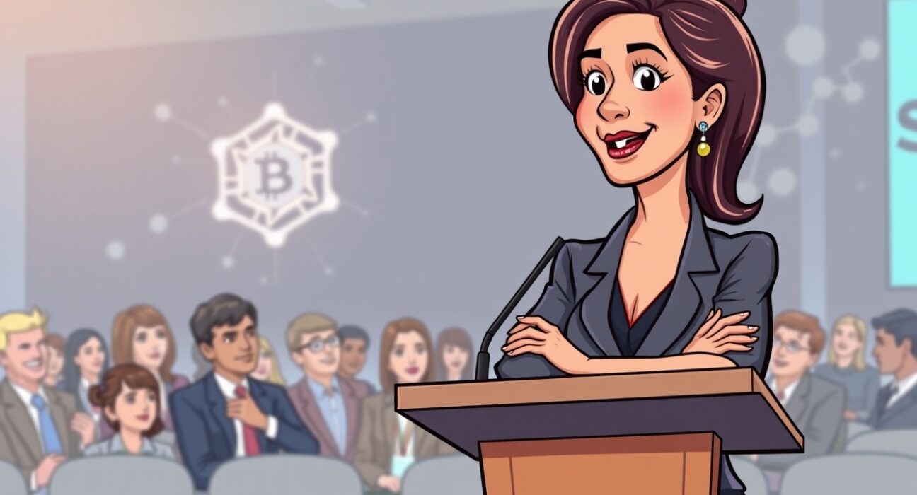 A cartoon illustration showing Nasdaq CEO Adena Friedman speaking at the Ripple Swell event, symbolizing TradFi and crypto convergence.