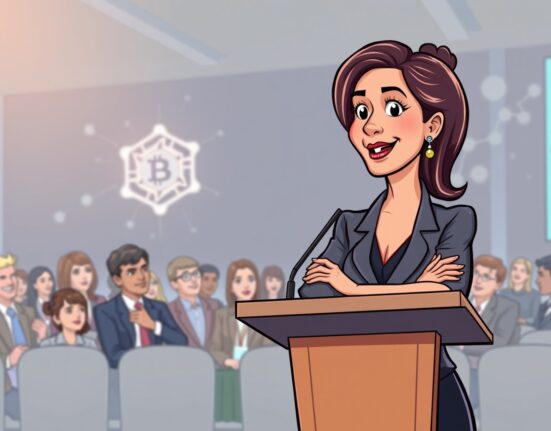 A cartoon illustration showing Nasdaq CEO Adena Friedman speaking at the Ripple Swell event, symbolizing TradFi and crypto convergence.