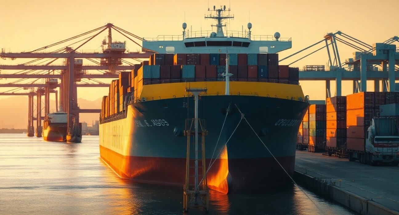 Large cargo ship at port with cranes, symbolizing the ship finance market targeted for tokenization.