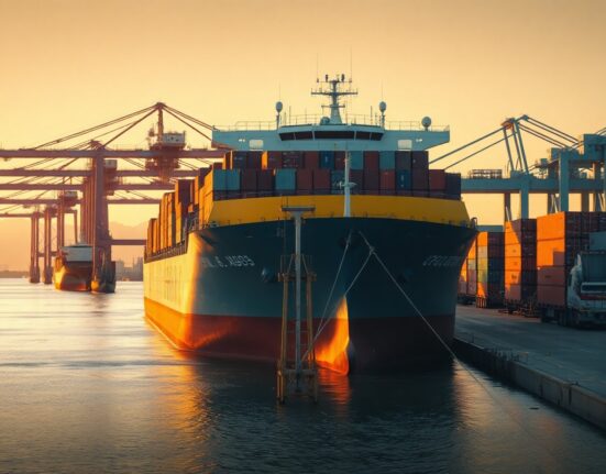 Large cargo ship at port with cranes, symbolizing the ship finance market targeted for tokenization.