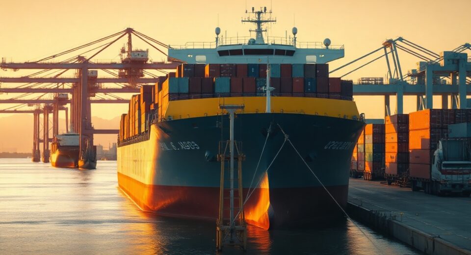 Large cargo ship at port with cranes, symbolizing the ship finance market targeted for tokenization.
