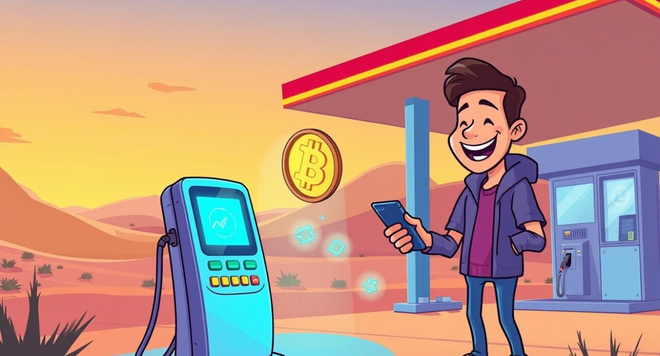 Cartoon illustration of a customer using stablecoin payments at a futuristic ADNOC gas station.