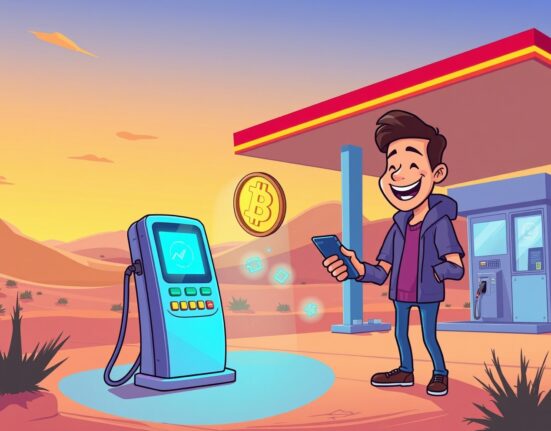 Cartoon illustration of a customer using stablecoin payments at a futuristic ADNOC gas station.