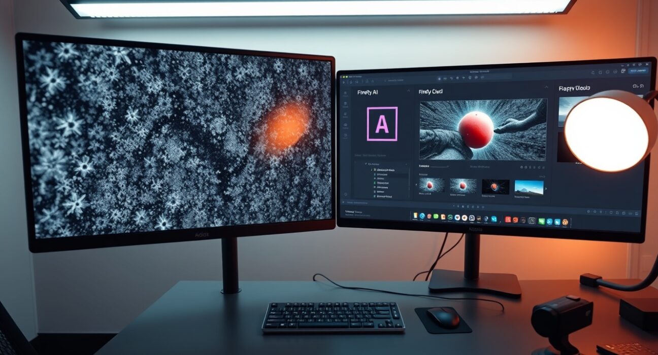 Professional video editing studio with monitors showing AI-enhanced footage and Adobe Creative Cloud interface