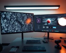 Professional video editing studio with monitors showing AI-enhanced footage and Adobe Creative Cloud interface