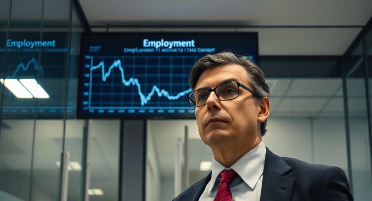 Analyst reviewing ADP employment data on a digital screen showing a declining trend line.
