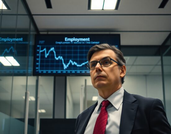 Analyst reviewing ADP employment data on a digital screen showing a declining trend line.