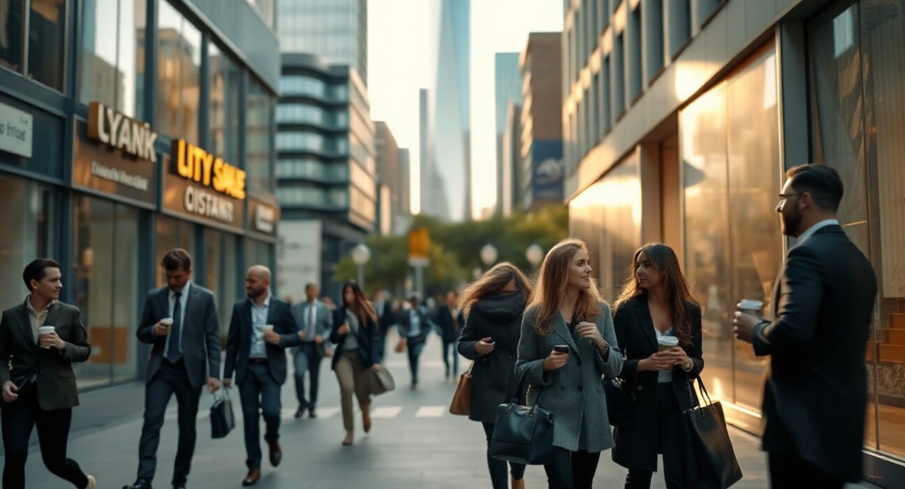 Office workers walking in a US financial district during a period of slowing private sector job growth.