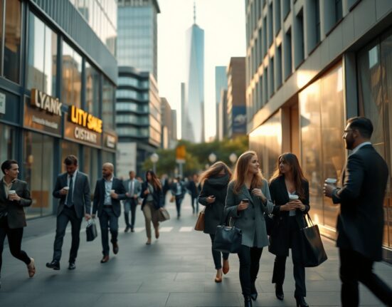 Office workers walking in a US financial district during a period of slowing private sector job growth.