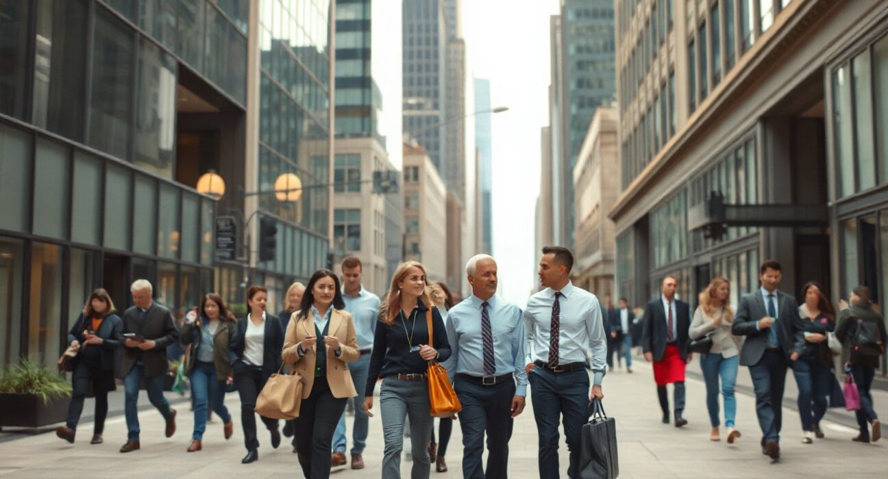 Busy city street with professionals walking, representing U.S. employment growth.