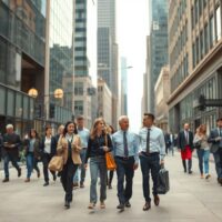 Busy city street with professionals walking, representing U.S. employment growth.