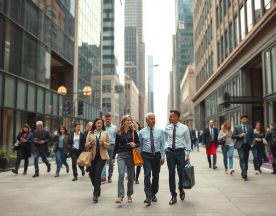 Busy city street with professionals walking, representing U.S. employment growth.
