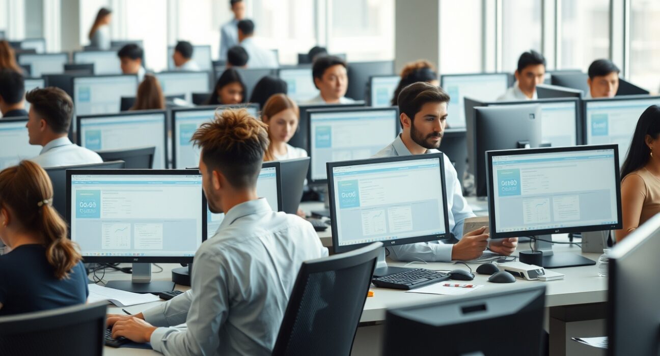 Professionals working in a modern office setting, representing the private sector job market.