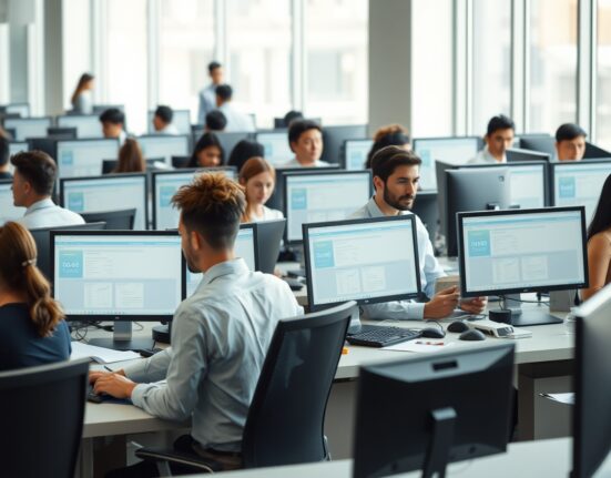 Professionals working in a modern office setting, representing the private sector job market.
