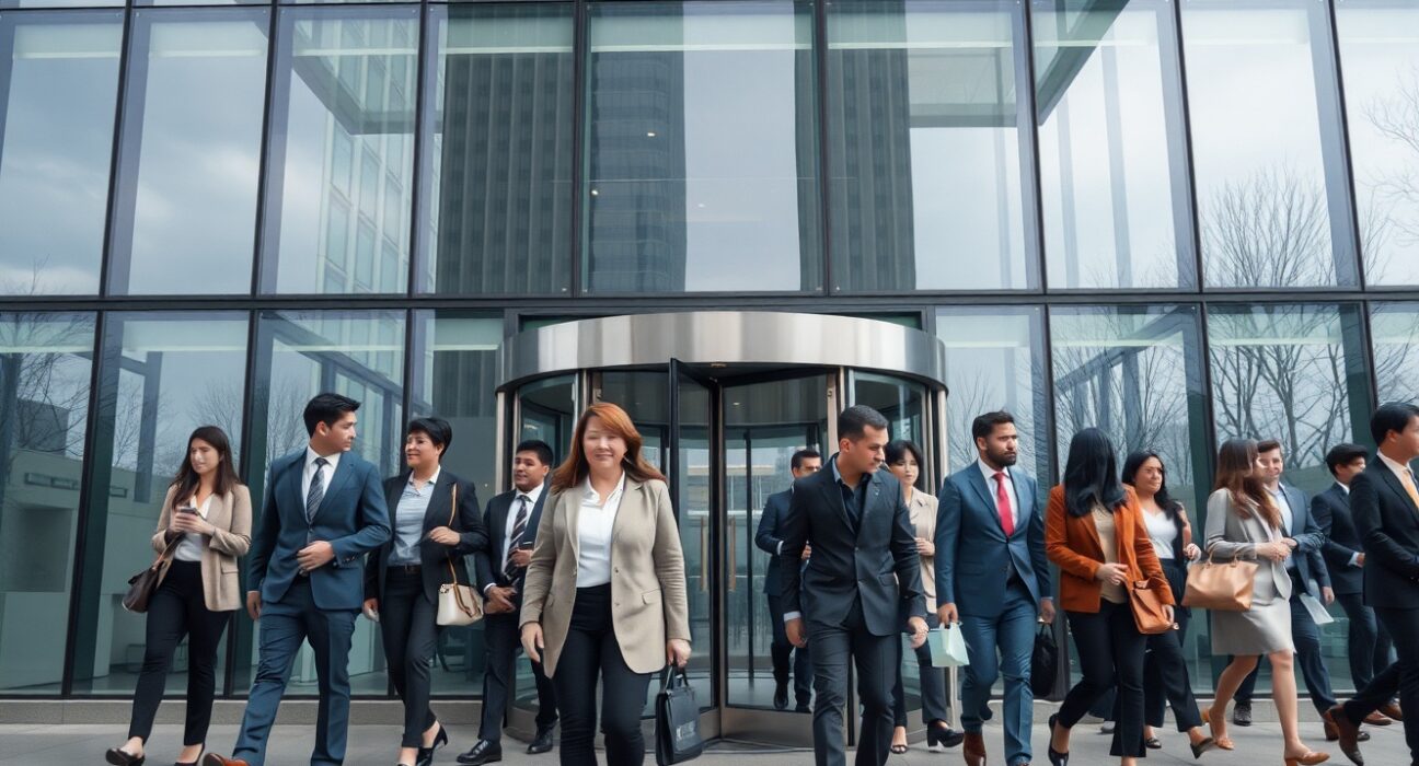 Professionals entering a modern office building during morning commute, representing steady U.S. employment growth.