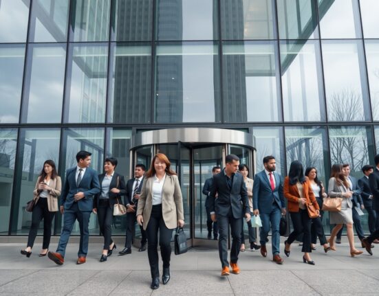 Professionals entering a modern office building during morning commute, representing steady U.S. employment growth.