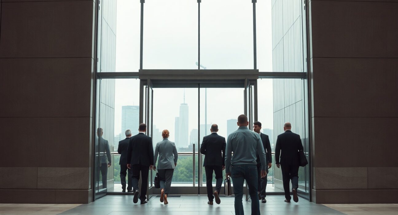 Office building entrance with professionals entering on a cloudy day, representing a slowing US job market.