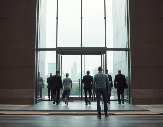 Office building entrance with professionals entering on a cloudy day, representing a slowing US job market.