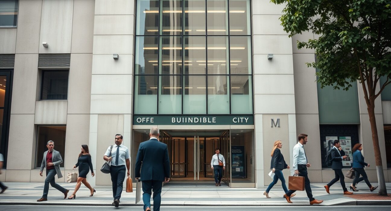 Professionals entering a city office building during morning commute, representing private sector employment.