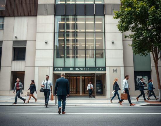 Professionals entering a city office building during morning commute, representing private sector employment.