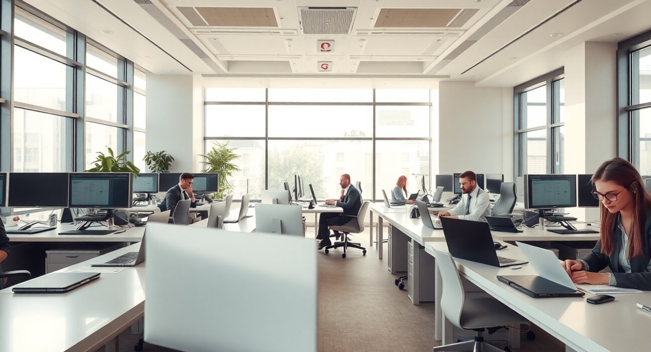 Workers in a modern office environment typing on computers, representing private-sector employment trends